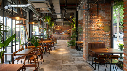 Stylish cafe interior, industrial design elements. Coffee bar styling with brick walls