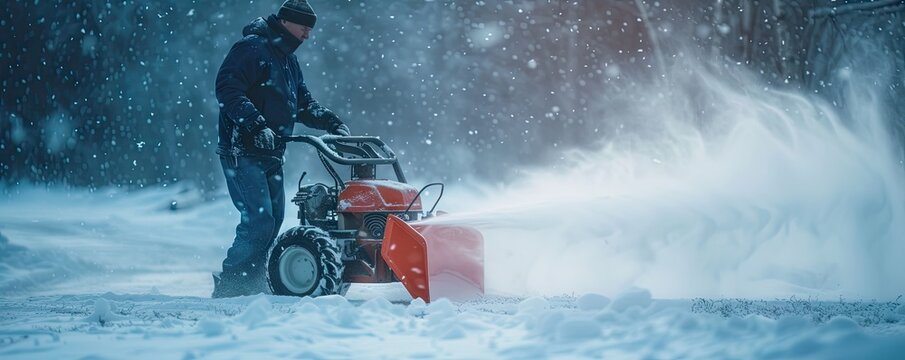 Cleaning snow using a snowblower on winter road