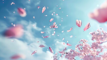 Sakura petals falling down romantic pink flowers falling rain flying petals on blue sky square background love romance concept great wedding invitation  ,Generative ai, 
