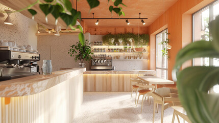 Eco-friendly cafe interior with natural colors and plants. Coffee bar styling