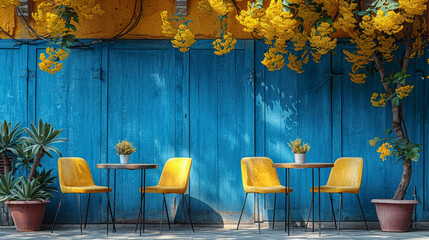 Cozy outdoor cafe corner with blue walls and yellow chairs