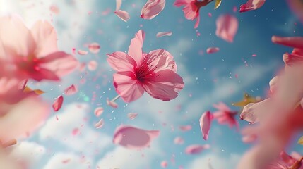 Sakura petals falling down romantic pink flowers falling rain flying petals on blue sky square background love romance concept great wedding invitation  ,Generative ai, 