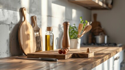 Obraz na płótnie Canvas Kitchen utensils. Cooking tools with wooden cutting boards,