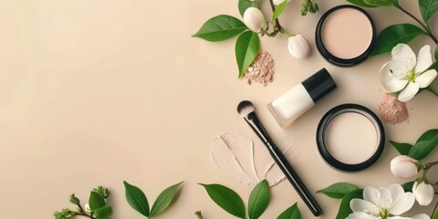 Make professional cosmetics on beige background. Cream, powder, shadow, brush with green leaves and...