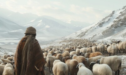 large flock of cashmere sheep in himalaya mountains. A herd of sheep on pastures - obrazy, fototapety, plakaty
