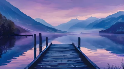 Tafelkleed purple Lake landscape with mountains and a jetty, Purple hues over Derwent Water, Vibrant sunset with dramatic clouds and wooden jetty at Derwent water Lake in the Lake District, UK Ai generated  © Hamid