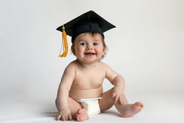 Beautiful baby with cute smile in diapers and graduation hat isolated on white background