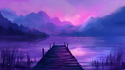 Tuinposter purple Lake landscape with mountains and a jetty, Purple hues over Derwent Water, Vibrant sunset with dramatic clouds and wooden jetty at Derwent water Lake in the Lake District, UK Ai generated  © Hamid