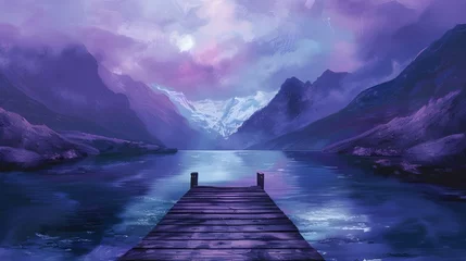 Fotobehang purple Lake landscape with mountains and a jetty, Purple hues over Derwent Water, Vibrant sunset with dramatic clouds and wooden jetty at Derwent water Lake in the Lake District, UK Ai generated  © Hamid