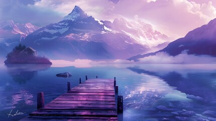 purple Lake landscape with mountains and a jetty, Purple hues over Derwent Water, Vibrant sunset with dramatic clouds and wooden jetty at Derwent water Lake in the Lake District, UK Ai generated  - obrazy, fototapety, plakaty