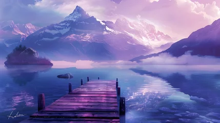 Deurstickers purple Lake landscape with mountains and a jetty, Purple hues over Derwent Water, Vibrant sunset with dramatic clouds and wooden jetty at Derwent water Lake in the Lake District, UK Ai generated  © Hamid
