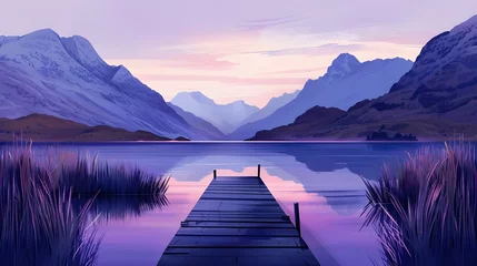 Gordijnen purple Lake landscape with mountains and a jetty, Purple hues over Derwent Water, Vibrant sunset with dramatic clouds and wooden jetty at Derwent water Lake in the Lake District, UK Ai generated  © Hamid
