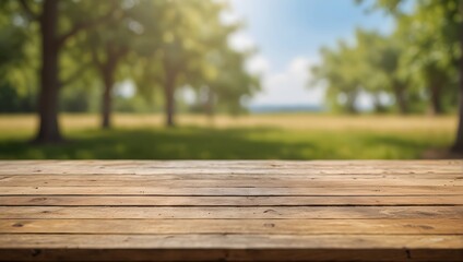 empty wooden table with blurred summer background