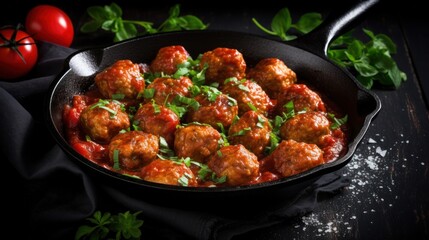 Meatballs in tomato sauce in the skillet Meatballs in tomato sauce in the skillet at dark table. Flat lay image. - obrazy, fototapety, plakaty