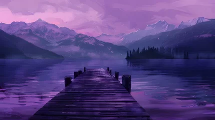 Fototapeten purple Lake landscape with mountains and a jetty, Purple hues over Derwent Water, Vibrant sunset with dramatic clouds and wooden jetty at Derwent water Lake in the Lake District, UK Ai generated  © Hamid