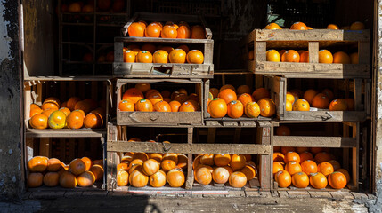 Oranges in wooden crates casting dramatic shadows. Organic vitamin food