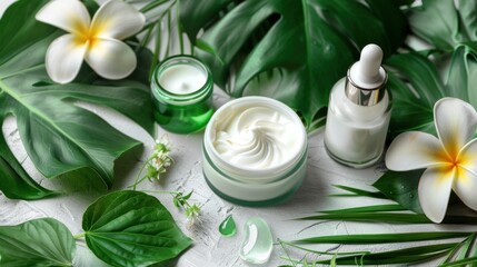 Natural cosmetic products. Cream, serum, tonic with green
