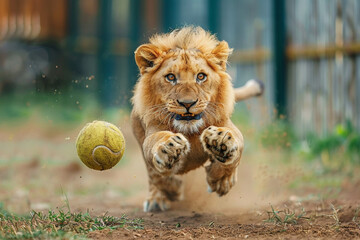 Playful happy pet lion playing, running and bringing a tennis toy ball.