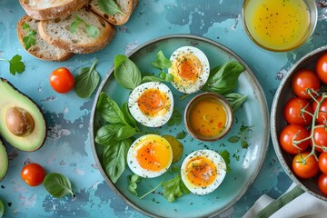 Nutritious breakfast setting with soft-boiled eggs, avocado, basil, and a splash of juice