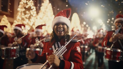 A Christmas Parade With Floats Marching Bands And Santa Claus HD HUD Ultra 4k Fine Focus