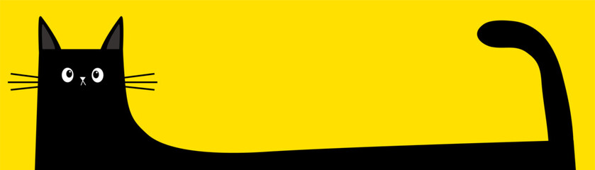Black cat. Long half body with tail. Funny sad face head silhouette. Square kitten. Meow. Cute cartoon kawaii baby character. Kawaii animal. Pet collection. Flat design. Yellow background. Vector