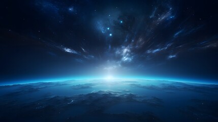 view of the earth from space, blue glowing light at center horizon line, dark sky, stars, cinematic. For Design, Background, Cover, Poster, Banner, PPT, KV design, Wallpaper