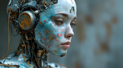 The side view of picture that about humanoid young adult female robot that looks like it in the full of thought and trying to processing something inside it head with emotionless expression. AIGX03.