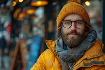Bearded man wearing yellow hat and glasses, beard, lifestyle, white ethnicity, male, portrait