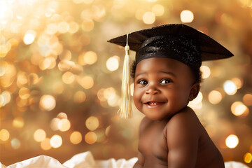 Cute  African baby with wide smile in diapers and graduation hat , golden background and backlight - obrazy, fototapety, plakaty