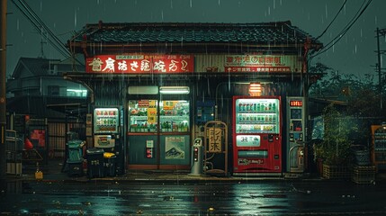Night scene by a vending machine rendered in sharp contrasts with a manga-style flair. - obrazy, fototapety, plakaty