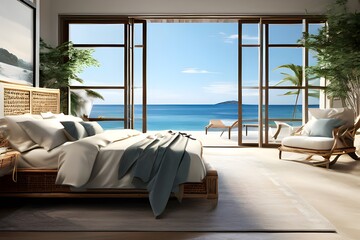 A bedroom with a bed and ocean view
