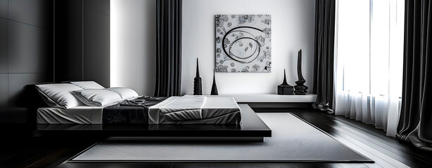 Black and white illustration of a minimalist room, decorated with modern art items
