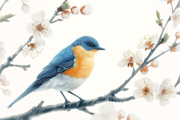 Illustration of a colored bird on a branch of a blooming tree over white backdrop.