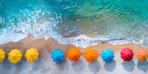 Aerial view of sandy beach with colorful umbrellas, swimming people in sea bay with transparent blue water at sunny day in summer. Travel in Mallorca. generative ai 