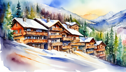 Winter Watercolor of Mountain Lodges in Snow