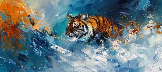 tiger portrait, oil painting, brush strokes, orange and blue background, wildlife art