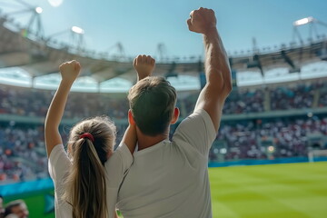 Dad and daughter cheering on a football match with raised hands