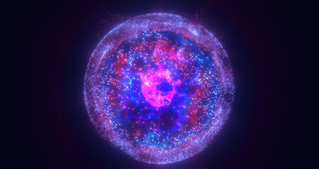 Purple energy magic circle, sphere, ball made of futuristic waves and lines of particles of atomic energy and electricity force field. Abstract background