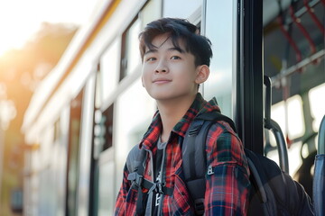 Portrait of a school boy standing in front of a bus