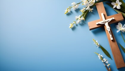 Religion background with a wooden cross and spring flowers against a blue background. Christianity Feast, Easter, Palm Sunday, Chrismnaing, or church wedding