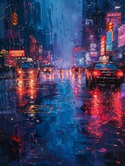 Rain-slicked urban street captured in glossy oil paints