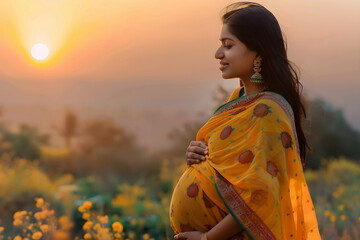 young pregnant woman standing on a field during sunset