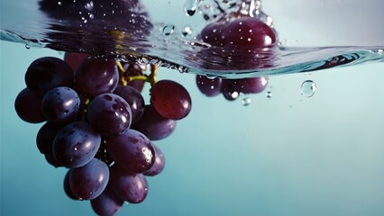 purple grape, sinking in water tank, high speed, professional photography