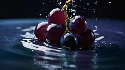 purple grape, sinking in water tank, high speed, professional photography