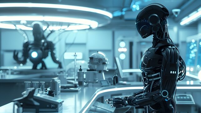 Futuristic Cybernetic Experiment in Alien Science Laboratory with Cyborg and Vacuum Tubes