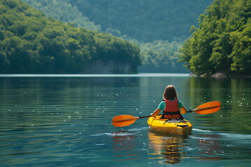 A young girl kayaking alone with a beautiful view
