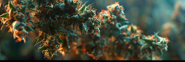 There is a close up of a plant with green leaves, Marijuana surreal research background. 