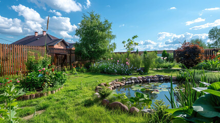 Fototapeta na wymiar Landscaped territory of a private dacha with a pond and decorations