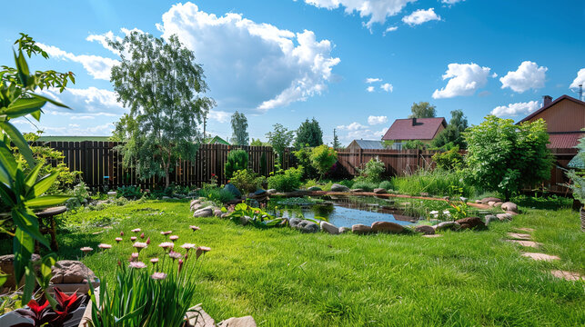 Landscaped territory of a private dacha with a pond and decorations