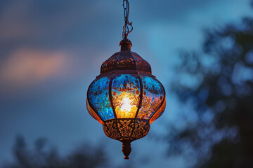 Fototapeta na wymiar A lantern, casting a warm glow on a nearby wall, illuminates the quiet street at night